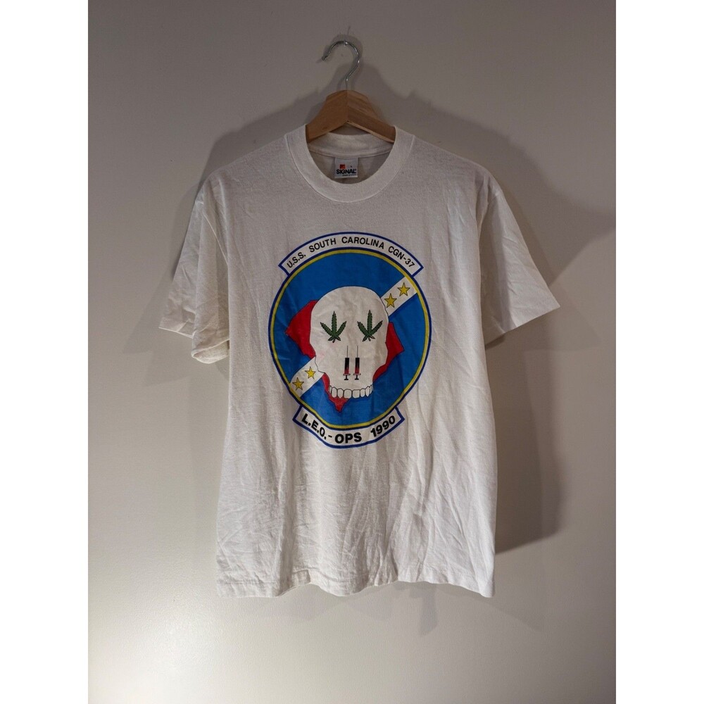 RARE 1990 single-stitch t-shirt USS South Carolina (CGN-37) with a skull, Weed